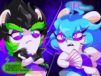 amethyst_(gem) anthro black_clothing black_hair black_handwear black_jacket black_mittens black_topwear blue_eyes blue_hair blue_pupils closed_frown clothed clothed_female clothing crossed_arms dialogue duo ear_piercing eyebrows female female_anthro frown fur gem green_eyebrows green_hair hair hand_on_hip hand_on_own_hip handwear jacket light long_ears mitten_hands mittens mouth_closed narrowed_eyes noseless open_clothing open_jacket open_topwear paper_fan piercing pupils purple_background purple_clothing purple_ear_piercing purple_eyelids purple_eyes purple_shirt purple_topwear shirt short_hair simple_background speech_bubble spiky_hair squint tan_body tan_inner_ear tan_skin text thick_eyebrows topwear torn_clothing torn_shirt torn_topwear white_body white_fur jooniethenight mario_bros mario_plus_rabbids_sparks_of_hope nintendo raving_rabbids rayman_(series) ubisoft edge_(mario_plus_rabbids) midnite_(mario_plus_rabbids) ghost hybrid lagomorph mammal rabbid spirit 2023 4:3 artist_name colored crossover digital_drawing_(artwork) digital_media_(artwork) english_text lighting shaded