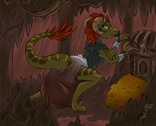 anthro big_diaper claws clothed clothing detailed_background diaper feces female gem gold_(metal) gold_jewelry hair horn huge_diaper inside jewelry lockpick lockpicking object_in_mouth pacifier pacifier_in_mouth red_eyes red_hair ruby_(gem) scales soiled soiled_diaper soiling solo toe_claws treasure treasure_chest unclean_diaper used_diaper wearing_diaper splatinkle microsoft the_elder_scrolls keerha argonian humanoid scalie absurd_res digital_drawing_(artwork) digital_media_(artwork) hi_res