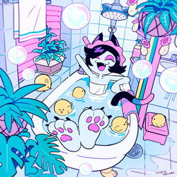 ambiguous_gender anthro bath bathing bathtub bubble bubble_bath claw_foot_bathtub femboy feral group male pawpads rubber_duck nelnal miyata_(nelnal) avian bird chicken domestic_cat felid feline felis galliform mammal phasianid 1:1 2020 hi_res