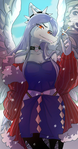 5_fingers amber_eyes anthro blue_body bottomwear breasts choker cigarette cleavage clothed clothing eyebrows eyeshadow feathered_wings feathers female fingers grey_body grey_feathers grey_hair grin hair heart_symbol holding_cigarette holding_object jewelry legwear looking_at_viewer makeup narrowed_eyes necklace outside panties raised_eyebrow skirt sky smile smoke snout snowflake solo spiked_hairband spread_wings standing stockings thigh_highs topwear torn_clothing torn_legwear torn_stockings tube_top underwear wings unknown_artist cavemanon_studios goodbye_volcano_high ko_op_(game_developer) snoot_game fang_(gvh) prehistoric_species pterosaur reptile scalie absurd_res colored hi_res