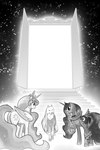 2:3 arofa_nahmat arofatamahn bright_light butt canid canine canis cutie_mark door equid equine female feral folded_wings friendship_is_magic group hasbro hi_res horn magic mammal monochrome my_little_pony mythological_creature mythological_equine mythology open_door open_mouth princess_celestia_(mlp) princess_luna_(mlp) sibling_(lore) sister_(lore) sisters_(lore) smile trio unavailable_at_source white_light winged_unicorn wings wolf