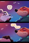 2018 ambiguous_gender anthro bodily_fluids brown_body brown_fur canid canine clothed clothing comic disney doxy duo english_text eyes_closed fangs fox fur head_grab hi_res male male/ambiguous mammal necktie nick_wilde open_mouth oral red_body red_eyes red_fox red_fur saliva sound_effects speech_bubble teeth text tongue tongue_out true_fox unavailable_at_source white_body white_fur zootopia