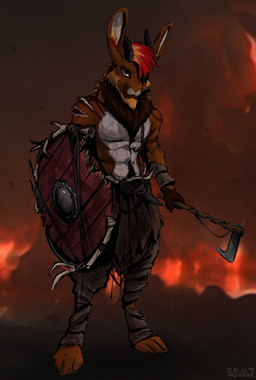 anthro axe biped bottomwear brown_body brown_fur clothed clothing fur hair holding_axe holding_object holding_shield horn paws shield solo topless weapon white_body white_fur savaj_bunny lagomorph leporid mammal rabbit 2021 absurd_res hi_res