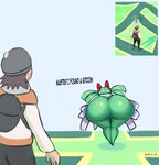 big_butt blush butt clothed clothing dialogue duo faceless_character faceless_human faceless_male female green_hair hair huge_butt leaning leaning_forward male open_mouth text thick_thighs wide_hips sath15 nintendo pokemon pokemon_go pokemon_go_trainer generation_3_pokemon human humanoid kirlia mammal pokemon_(species) 2021 english_text hi_res meme signature