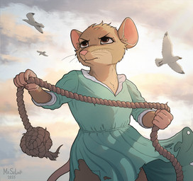 anthro clothed clothing female holding_object holding_rope rope sky solo torn_clothing weapon mr.solar redwall mariel_gullwhacker avian bird gull lari larid mammal mouse murid murine rodent hi_res