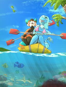 anthro blue_body blue_fur clothing coral_reef duo female floofyderg fur kayak male orange_body orange_fur palm_tree plant raspartheredpanda sea swimwear tree vehicle water watercraft dreamingfur ailurid anthozoan aquatic avian bird cnidarian coral fish kobold mammal red_panda scalie 3:4 absurd_res hi_res