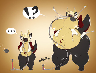 anthro before_and_after belly belly_inflation big_breasts body_size_growth breast_expansion breasts clothing expansion female horn huge_breasts inflation interrobang navel nipples non-mammal_breasts overweight overweight_anthro overweight_female pump simple_background size_transformation slightly_chubby solo standing surprised tattoo thick_thighs torn_clothing transformation wardrobe_malfunction weight_gain wide_hips yellow_background gin-blade avian bird
