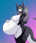 anthro belly big_belly big_breasts blush breasts cellphone electronics female phone pregnant pregnant_anthro pregnant_female selfie simple_background smile solo tail thick_thighs arceus_tummy nintendo pokemon fan_character void_cosmic arceus generation_4_pokemon legendary_pokemon pokemon_(species) hi_res