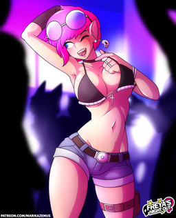 blush bone breasts cleavage clothed clothing cross ear_piercing eyewear female not_furry one_eye_closed piercing skull solo sunglasses text wink marik_azemus34 elf humanoid absurd_res hi_res url