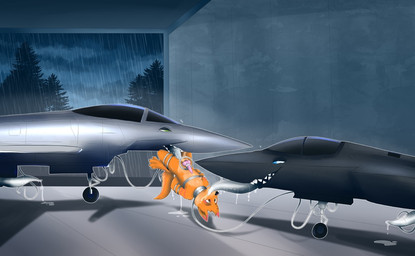 aircraft airplane animal_genitalia animal_penis anthro balls bodily_fluids canine_genitalia canine_penis fur genital_fluids genitals group jet knot knotted_penis machine male markings orange_body orange_fur penis precum red_markings saliva saliva_string tail teeth teeth_showing tendrils tongue tongue_out trio vehicle wrapped_arms 3apa3a eurofighter_typhoon f-35_lightning_ii lockheed_martin chilliad_(oc) mathias_(cryz) canid canine canis dingo living_aircraft living_machine living_vehicle mammal