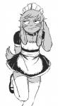 annoyed anthro biped bottomwear choker clothed clothing crossdressing femboy fur jewelry leggings legwear long_ears maid_uniform male necklace simple_background skirt solo striped_body striped_fur stripes uniform upset smekbo latchkey_kingdom jalak lagomorph mammal nu-ray yuman monochrome