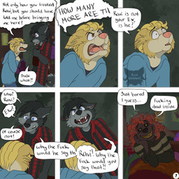 6_panel_comic accusation angry anthro arm_support black_body black_hair black_sclera blonde_hair blue_eyes bottle cigarette cigarette_in_mouth clothing container dialogue eye_contact flannel_shirt fur grey_body grey_fur group hair head_on_hand holding_bottle holding_container holding_object hoodie leaning_on_elbow logo looking_at_another male object_in_mouth page_number profanity realization red_hair sharp_teeth smile smirk speech_bubble sweater tail teeth text toothy_grin topwear trio yelling_at_another yellow_body yellow_eyes yellow_fur kriek_wildebeest jeremy_(kriek_wildebeest) ravi_(kriek_wildebeest) tom_(kriek_wildebeest) border_collie canid canine canis collie domestic_dog herding_dog husky hybrid mammal nordic_sled_dog pastoral_dog portuguese_water_dog sheepdog spitz wolf 1:1 artist_logo comic english_text hi_res multiple_scenes