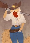 anthro blue_eyes breasts clothed clothing female fur gun hair holding_gun holding_object holding_ranged_weapon holding_weapon ranged_weapon smile solo weapon etsu_cuprumfox canid canine canis domestic_dog mammal 2022 digital_media_(artwork)