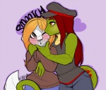 anthro blush breasts clothing duo female female/female hair hat headgear headwear kissing red_hair romantic romantic_couple tail text strawberryneko chloe_(chloe.hydraconis) neko_(strawberryneko) domestic_cat felid feline felis gecko lizard mammal reptile scalie 2012 english_text