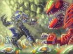 ambiguous_gender armor exo-toa fight green_eyes group machine mask not_furry open_mouth orange_eyes teeth trio weapon yellow_eyes mrbfox bionicle lego gahdok gali bahrag biomechanical bohrok humanoid matoran toa 4:3 distracting_watermark watermark