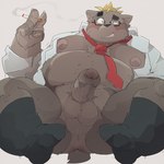 anthro anus balls belly blonde_hair blush brown_body brown_fur butt clothed clothing erection eyewear fur genitals glasses hair humanoid_genitalia humanoid_hands humanoid_penis kemono male moobs necktie nipples open_clothing open_shirt open_topwear overweight overweight_male penis shirt simple_background solo topwear dumdum bear mammal 1:1 2021 hi_res