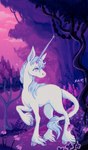 blue_mane detailed_background female feral flower forest fur hooves horn knee_up looking_back mane pink_sky plant pointy_ears prick_ears quadruped sky solo sparkles tail tail_tuft tree tuft white_body white_eyes white_fur pebblefroot mythology the_last_unicorn amalthea_(tlu) equid equine mammal mythological_creature mythological_equine unicorn absurd_res hi_res