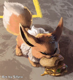 ambiguous_gender angry bite black_inner_ear brown_body brown_fur burger detailed_food dipstick_tail eating eating_food feral fluffy fluffy_tail food fur head_tuft mane markings multicolored_body multicolored_fur quadruped solo tail tail_markings tuft two_tone_body two_tone_fur white_body white_fur blitzdrachin conditional_dnp nintendo pokemon canid eevee generation_1_pokemon mammal pokemon_(species) 2022 detailed hi_res meme