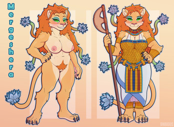 anthro areola armlet armor biped blue_eyeshadow blush body_hair breasts eyelashes eyeshadow female front_view genitals happy_trail long_eyelashes long_tail makeup multiple_poses nipple_dip nude nude_anthro pose pubes simple_background smile solo standing tail text tuft bnbigus felid feline mammal 2026 character_name colored full-length_portrait hi_res model_sheet portrait
