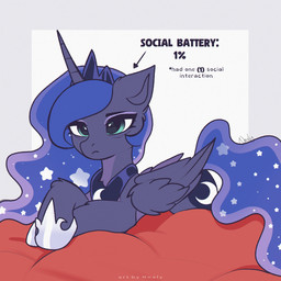 blue_body blue_eyes blue_hair crown eye_bags female feral hair headgear horn jewelry necklace relatable solo sparkles text tiara wings nnalyart friendship_is_magic hasbro my_little_pony mythology princess_luna_(mlp) equid equine mammal mythological_creature mythological_equine winged_unicorn 1:1 absurd_res english_text hi_res