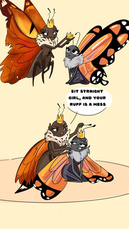 4_arms 4_legs antennae_(anatomy) anthro black_antennae black_body bodily_fluids crown dialogue duo elderly_anthro elderly_female eyelashes female female_anthro flying headgear insect_wings lepidopteran_wings looking_at_object monotone_background multi_arm multi_limb nude orange_wings ruff simple_background sitting smile speech_bubble sweat sweatdrop text wings yellow_background fenghuangz disney hoppers_(disney) pixar fan_character insect_queen_(hoppers) mirabelle_(honeycombcrown) arthropod butterfly insect lepidopteran monarch_butterfly 2026 9:16 digital_media_(artwork) english_text hi_res daughter_(lore) mother_(lore) mother_and_child_(lore) mother_and_daughter_(lore) parent_(lore) parent_and_child_(lore) parent_and_daughter_(lore)