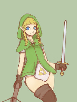 blonde_hair blue_eyes boots braided_pigtails cloak cloak_only clothing crossbow diaper female footwear gloves hair handwear melee_weapon not_furry pointy_ears ranged_weapon shoes solo sword weapon lilruffian hyrule_warriors nintendo the_legend_of_zelda linkle hylian 3:4 hi_res