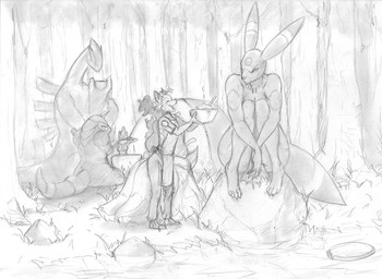 anthro apron bottomwear bowl clothing container eating female food food_bowl forest frowning_at_another grass group jewelry larger_female male mostly_nude_female multi_tail necklace offering_food open_mouth pants pet_bowl plant sad shirt silhouette sitting size_difference smile smiling_at_another tail tent topwear tree wide_hips blackfox85 nintendo pokemon brites_(blackfox85) ebony_(blackfox85) gin_(blackfox85) lucy_(blackfox85) mumu_(blackfox85) rochelle_(blackfox85) aggron canid canine fox fox_spirit generation_1_pokemon generation_2_pokemon generation_3_pokemon lapras legendary_pokemon lugia mammal manectric pokemon_(species) monochrome traditional_media_(artwork)