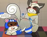 2021 4_toes 5:4 absurd_res agent_s_(animal_crossing) all_fours anal anal_penetration animal_crossing anthro anthro_on_anthro anthro_penetrated anthro_penetrating anthro_penetrating_anthro armwear ass_up bandanna big_breasts big_butt black_body black_eyes black_fur blue_armwear blue_clothing blue_helmet blue_legwear blush bodily_fluids body_blush breasts buckteeth butt butt_blush clothing curled_tail dialogue doggystyle duo english_text eyes_closed featureless_feet feet female female_penetrated fluffy fluffy_tail from_behind_position fur grey_body grey_fur grin hair half-closed_eyes header header_box hi_res inside interspecies kerchief league_of_legends legwear looking_at_another looking_back looking_up male male/female male_penetrating male_penetrating_female mammal mostly_nude motion_lines narrowed_eyes nintendo one_eye_closed onomatopoeia penetration pink_inner_ear pink_nose power_bottom raised_tail red_hair riot_games rodent sciurid sex smile softestpuffss sound_effects speech_bubble sweat tail teeth tencent text text_header thick_thighs timur_yazid toes tree_squirrel white_armwear white_body white_clothing white_fur white_helmet white_inner_ear white_legwear yellow_bandanna yellow_kerchief yordle