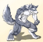 abs anthro biceps big_muscles biped black_nose blue_eyes claws convenient_censorship flexing fluffy fluffy_tail front_view fur gradient_background grey_body grey_fur grin male multicolored_body multicolored_fur muscular muscular_anthro muscular_male nude pecs pose shadow simple_background smile solo standing tail teeth toe_claws two_tone_body two_tone_fur white_body white_fur wildheit canid canine canis mammal wolf censored full-length_portrait portrait