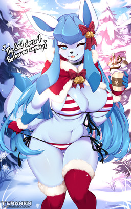 anthro beverage big_breasts bikini blep breasts cape choker clothing female hair jewelry legwear long_hair looking_at_viewer milkshake necklace one_eye_closed pupils snow solo stockings swimwear thick_thighs tongue tongue_out two-piece_swimsuit white_pupils wink winking_at_viewer conditional_dnp teranen nintendo pokemon eeveelution generation_4_pokemon glaceon pokemon_(species) hi_res