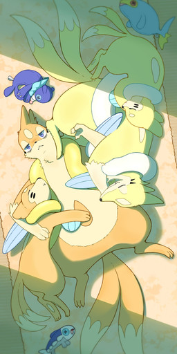 2_tails ambiguous_gender anthro blue_eyes blush blush_lines button_(fastener) button_eyes claws eyes_closed fangs fur group hug lying multi_tail on_back on_side open_mouth orange_body orange_fur pawpads paws plushie size_difference sleeping sleeping_together tail tan_body tan_fur teeth yellow_body yellow_fur s_malto33 nintendo pokemon aquatic buizel fish floatzel generation_2_pokemon generation_4_pokemon generation_7_pokemon lanturn pokemon_(species) popplio shiny_pokemon wishiwashi wishiwashi_(solo_form) 2026 absurd_res hi_res