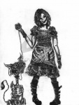 ambiguous_feral ambiguous_gender bone boots chain chain_leash clothing collar creepy dress duo ear_piercing female feral footwear gloves grin handwear leash male piercing shoes sitting skeleton smile standing ultimate-chaos12 alice_in_wonderland american_mcgee's_alice alice_liddell cheshire_cat cheshire_cat_(mcgee) cheshire_cat_(species) domestic_cat felid feline felis human mammal black_and_white monochrome watermark