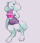anthro barefoot bottomwear breasts clothing crop_top digitigrade feet female grey_background halter_top halterneck hand_behind_back medium_breasts paws pink_clothing pink_topwear shirt shorts simple_background smile solo tail thick_thighs topwear rogdona canid canine canis domestic_dog mammal absurd_res digital_media_(artwork) full-length_portrait hi_res portrait
