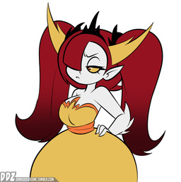 alternate_hairstyle arm_spikes breasts clothed clothed_female clothed_humanoid clothing crown dress elbow_spikes eyelashes fangs female female_humanoid frown grumpy hair hair_over_eye half-closed_eyes hand_on_hip headgear horn humanoid_pointy_ears long_hair narrowed_eyes not_furry one_eye_obstructed orange_pupils pale_skin pigtails pointy_ears pupils red_hair shortstack shortstack_female simple_background solo spikes spikes_(anatomy) teeth text tiara white_background white_body white_skin yellow_eyes dankodeadzone disney star_vs._the_forces_of_evil hekapoo demon demon_humanoid horned_humanoid humanoid 2017 digital_media_(artwork) hi_res url