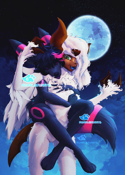 ambiguous_gender anthro anthrofied arm_tuft black_body black_fur black_hair black_nose carrying_another carrying_partner coily_hair curled_fur curly_hair detailed_background duo elbow_tuft featureless_crotch female fluffy fluffy_tail fur green_eyes hair horn hug hugging_another hugging_from_behind legs_around_partner looking_at_another moon multicolored_body multicolored_tail neck_tuft night nude open_mouth outside paws piggyback pokemorph realistic romantic romantic_couple short_hair sky smile snout star tail tongue tongue_out tuft white_body white_fur white_hair wings bumblebunny6 nintendo pokemon eeveelution generation_2_pokemon generation_6_pokemon mega_absol mega_evolution pokemon_(species) shiny_pokemon umbreon absurd_res hi_res shaded watermark nonbinary_(lore)
