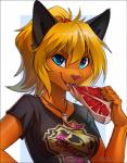 anthro beef black_border blonde_hair blue_eyes bone bone_necklace border breasts clothed clothed_anthro clothed_female clothing eating eating_food eyebrows female food front_view fur hair holding_food holding_meat holding_object jewelry meat necklace pink_nose ponytail shirt shirt_logo simple_background smile solo steak teeth topwear inuki melloque inuki_(character) domestic_cat felid feline felis mammal digital_media_(artwork) half-length_portrait portrait signature