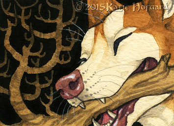 eyes_closed feral open_mouth solo teeth tongue whiskers katie_hofgard canid canine canis domestic_dog mammal 2015 headshot_portrait portrait traditional_media_(artwork)