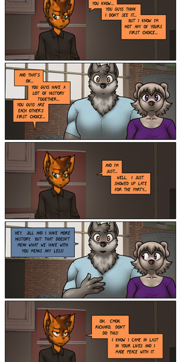 anthro dialogue female group male male/female text trio james_howard patreon alphonse_(james_howard) jill_(james_howard) richard_(james_howard) canid canine canis domestic_cat domestic_dog felid feline felis mammal wolf absurd_res comic english_text hi_res url