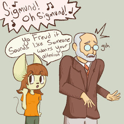 beard brown_hair clothing duo emanata eyewear facial_hair female glasses hair male mouse_ears mouse_tail pipermintz size_difference suit surprised text piper_paige sigmund_freud human mammal murid murine rodent 1:1 english_text hi_res