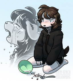 anthro black_bottomwear black_clothing black_hoodie black_shorts black_topwear blush blush_lines bodily_fluids bottomwear bowl brown_hair cereal clothed clothed_anthro clothed_female clothing collar container crying cutlery duo eyes_closed female food hair hoodie internal_screaming kitchen_utensils kneeling leash leashed_collar open_mouth shorts spilled_food spoon tears text tools topwear salamanding joan_(salamanding) canid canine canis domestic_dog mammal artist_name digital_drawing_(artwork) digital_media_(artwork) english_description hi_res meme watermark