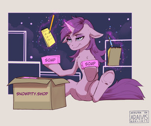 featureless_crotch female feral fur hair half-closed_eyes horn levitating_object narrowed_eyes notebook pen_(object) pencil_(object) purple_body purple_eyes purple_fur purple_hair soap solo text unicorn_horn araivis-edelveys friendship_is_magic hasbro my_little_pony mythology amethyst_star_(mlp) equid equine mammal mythological_creature mythological_equine unicorn 2025 english_text