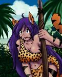 big_breasts black_stripes blue_eyes bottomwear breasts clothed clothing facial_markings female hair head_markings huge_breasts loincloth long_hair markings purple_hair solo stripes sageofotherworlds yosh!_comics kate_summers animal_humanoid cat_humanoid domestic_cat felid felid_humanoid feline feline_humanoid felis human humanoid mammal mammal_humanoid hi_res