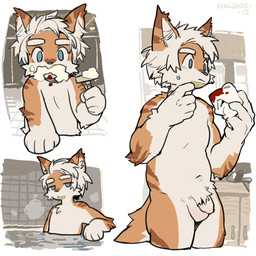 anthro balls bandage biped blood blue_eyes bodily_fluids eyebrows flaccid foreskin fur genitals hair humanoid_genitalia humanoid_penis inner_ear_fluff kemono male nude orange_body orange_fur penis shaving solo tail tuft unretracted_foreskin white_hair milkybot hu_ku_li_(milkybot) domestic_cat felid feline felis mammal 1:1