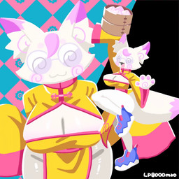 anthro asian_clothing breasts chinese_clothing chinese_dress cleavage cleavage_cutout clothed clothing cutout dress dumplings east_asian_clothing eyewear female food footwear fur gesture glasses pelvic_curtain pink_body pink_fur shoes smile sneakers solo spiral spiral_eyes spiral_glasses steamer_basket waving white_body white_fur wide_hips yellow_clothing lp8000mao canid canine fox mammal 1:1 animated no_sound short_playtime video