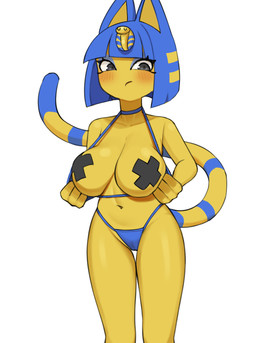 anthro big_breasts bikini bikini_pull blue_hair blush bob_cut breasts camel_toe choker clothing clothing_pull collarbone eyeshadow female flashing flashing_breasts frown fur grey_eyes hair jewelry makeup markings navel necklace nipple_tape pasties short_hair simple_background solo striped_markings striped_tail stripes swimwear swimwear_pull tail tail_markings tape two-piece_swimsuit white_background wide_hips yellow_body yellow_fur rk9k animal_crossing nintendo ankha_(animal_crossing) domestic_cat felid feline felis mammal 2023 portrait three-quarter_portrait
