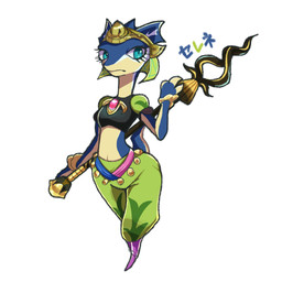anthro armor bent_arm blue_body blue_eyes blue_skin blue_tail bottomwear breasts clothed clothed_anthro clothed_female clothing crop_top eyelashes female female_anthro footwear fully_clothed fully_clothed_anthro fully_clothed_female glistening glistening_eyes green_bottomwear green_clothing green_pants headdress headgear helmet holding_melee_weapon holding_object holding_polearm holding_spear holding_weapon jewelry looking_aside markings melee_weapon midriff mouth_closed multicolored_body multicolored_skin pants polearm pupils shirt simple_background small_breasts snout solo spear tail tan_body tan_skin tan_tail text three-quarter_view topwear two_tone_tail waist_accessory weapon white_background white_markings rii ever_oasis nintendo selene_(ever_oasis) drauk scalie 1:1 2024 digital_drawing_(artwork) digital_media_(artwork) full-length_portrait hi_res japanese_text portrait translation_request