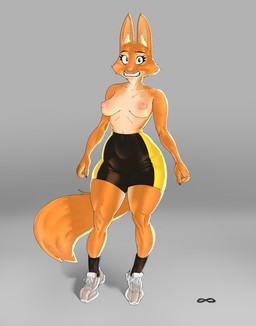 anthro athletic_wear black_clothing bottomwear breasts clenched_teeth clothing embarrassed exposed_breasts eyebrows female footwear fur grey_background gym_bottomwear gym_shorts looking_at_viewer nipples orange_body orange_fur piercing shoes shorts simple_background sneakers socks solo tail teeth thick_thighs wide_hips 900n3rart dreamworks the_bad_guys diane_foxington canid canine fox mammal 2026 absurd_res hi_res