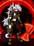 anthro armor axe detailed_background female fur glowing glowing_eyes grey_hair hair looking_at_viewer melee_weapon portal red_sclera satanic solo weapon white_body white_eyes white_fur piporete doom_(series) doom_eternal helluva_boss id_software microsoft mythology loona_(helluva_boss) canid canid_demon canine demon hellhound hybrid mammal marauder_(doom) mythological_canine mythological_creature absurd_res hi_res