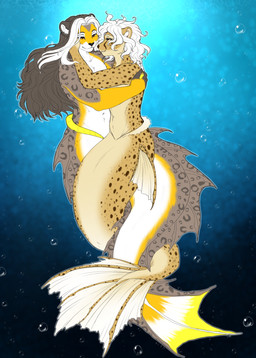 anthro_merfolk brown_eyes fur grey_body grey_fur grey_hair hair hug long_hair loving_gaze male male/male split_form spots tan_body tan_fur underwater_scenery white_body white_fur white_hair yellow_body yellow_fur ajna cael_(ajna) aquatic cheetah felid feline hybrid mammal merfolk pantherine snow_leopard hi_res