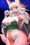 anthro big_breasts blush breasts clothed clothing female female_anthro fingers fur hair kemono looking_at_viewer smile solo tail white_body faroula canid canine fox mammal hi_res